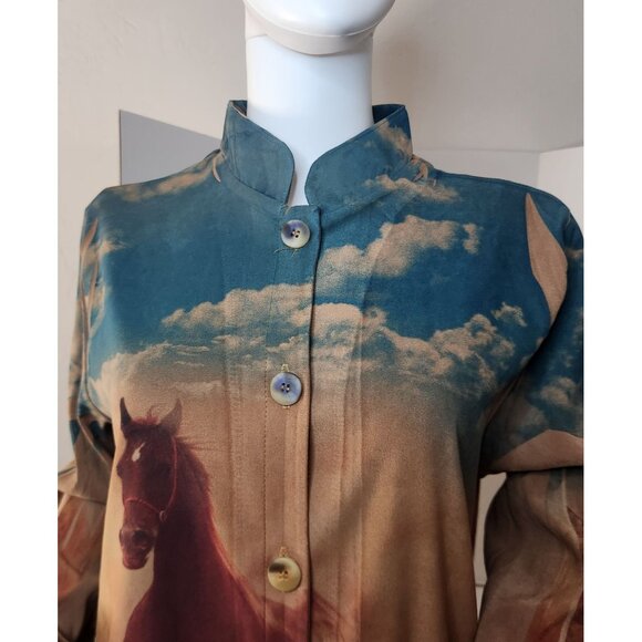 Horse-Print Long-Sleeve Button-Down Shirt Dress With Mandarin Collar Size Large - Picture 3 of 11